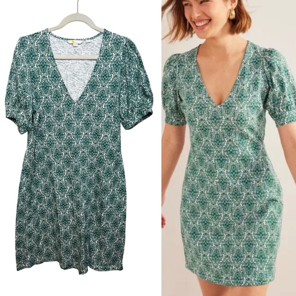 Boden V-Neck Jersey Mini Green and White Short Puff Sleeve Dress -Size 16/18
